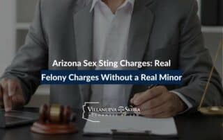 Arizona sex sting charges infographic showing how luring, aggravated luring, sex trafficking, and DCAC charges arise in undercover sting operations